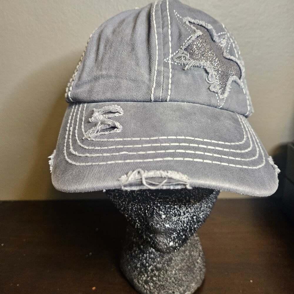 C.C Distressed Ponycap Cap Messy High Bun Glitter Star Design Hat, Grey - .com,